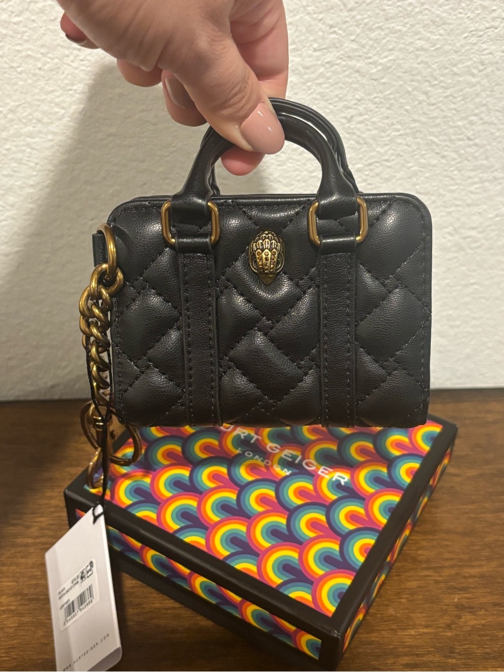 Kurt Geiger Black Quilted Card Holder/Bag Charm with Gold Chain Detail - Picture 8 of 8
